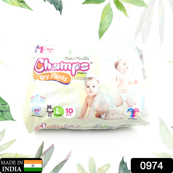 0974 Large Champs Dry Pants Style Diaper- Large (10 Pcs) Best For Travel  Absorption Champs Baby Diapers Champs Soft And Dry Baby Diaper Pants (L10 Pcs )